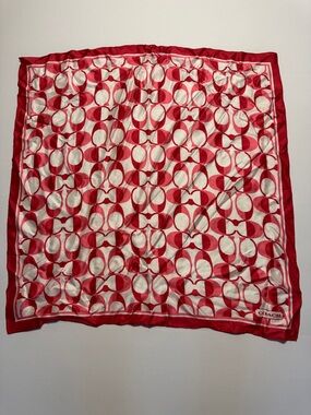 COACH Red Pink White Peyton Dream Signature C Pattern 100% Silk Square Scarf 26"